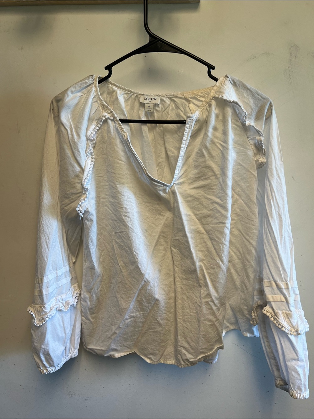 J. Crew White Cotton V-Neck Peasant Blouse